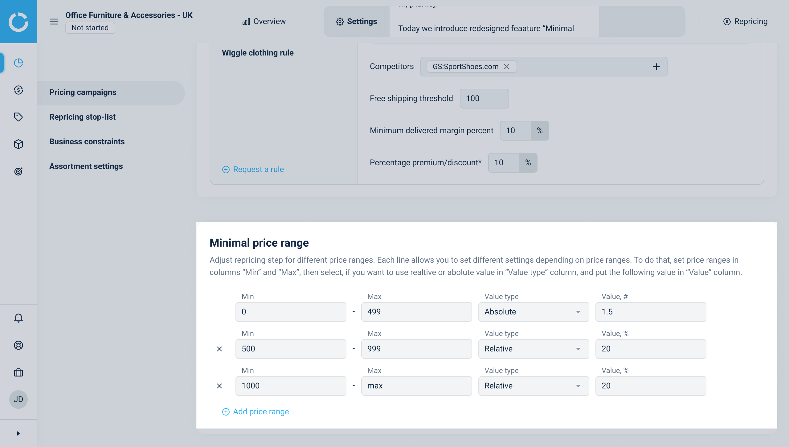 Set up minimal repricing step for rule-based campaigns